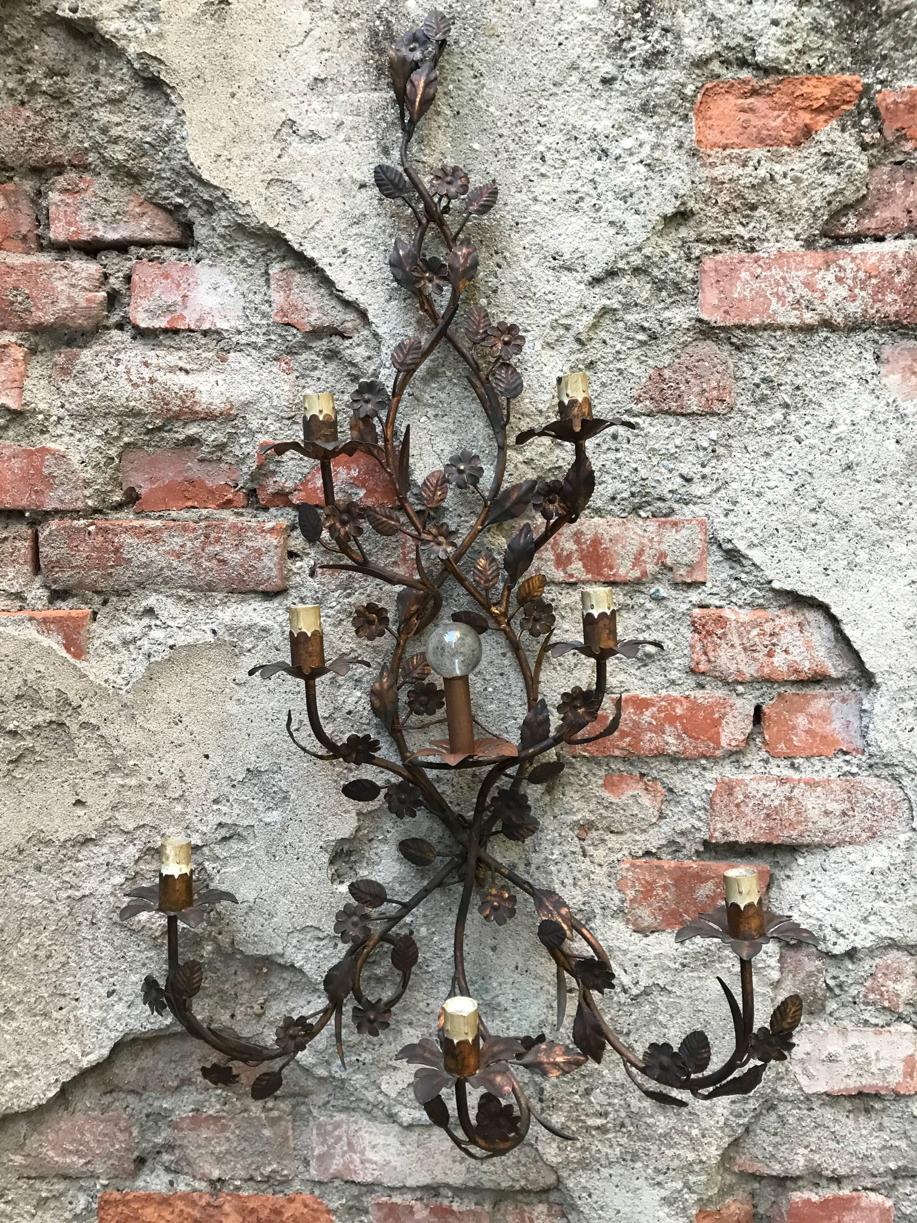 Italian Pair of Large Sconces 20th Century Seven-Light Wrought Iron Wall Lights 4