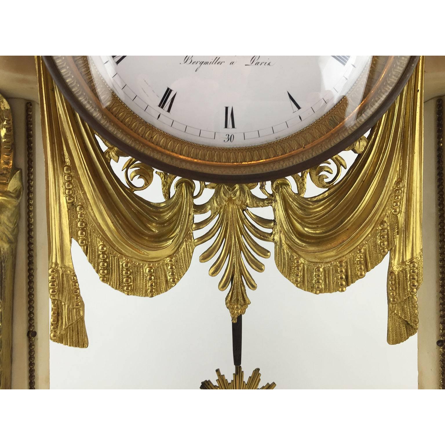 A superb Louis XVI ormolu-mounted and white Carrara marble temple mantel clock, white enamelled dial marked Bergmiller a Paris, watchmaker active in Paris, atelier in rue du Petit-Lion Sanit-Sauveur from 1810 up to 1830, follower of Rouviere, Louis
