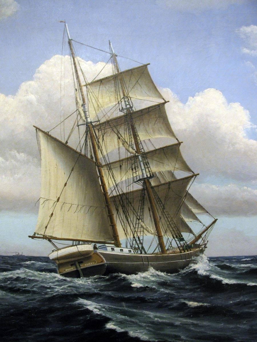 Original oil on canvas painting depicting a seascape with a fully rigged ship in the foreground and a cloudy sky; signed below right by the Danish painter Fr. Ernlund. The work dates back to the third decade of 20th century (1930 circa).
Ready to
