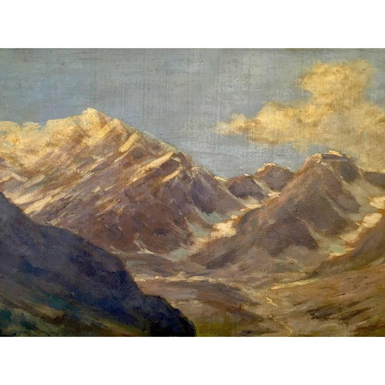 Large Italian Mountain Landscape Painting by Silvio Poma, 1910, oil on