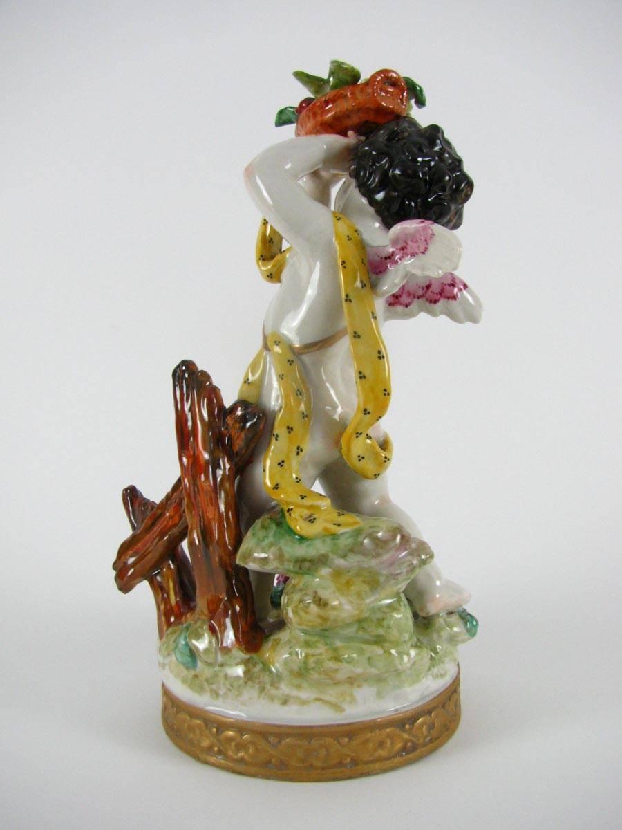 20th Century Polychrome Putti Pair o Figures European Pair of Porcelain Cherubs  3