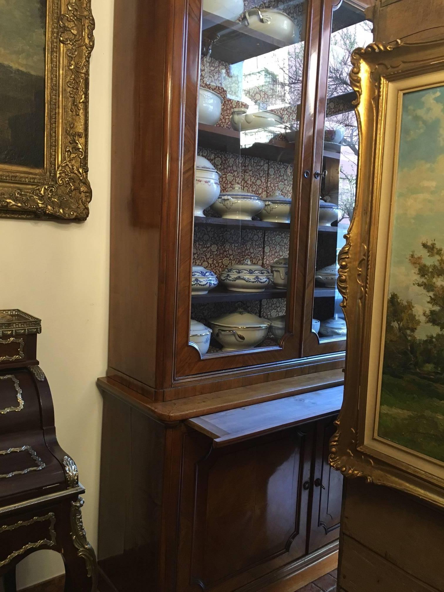 Mid-19th Century Walnut Bookcase, Italian Two-Part Cabinet 1