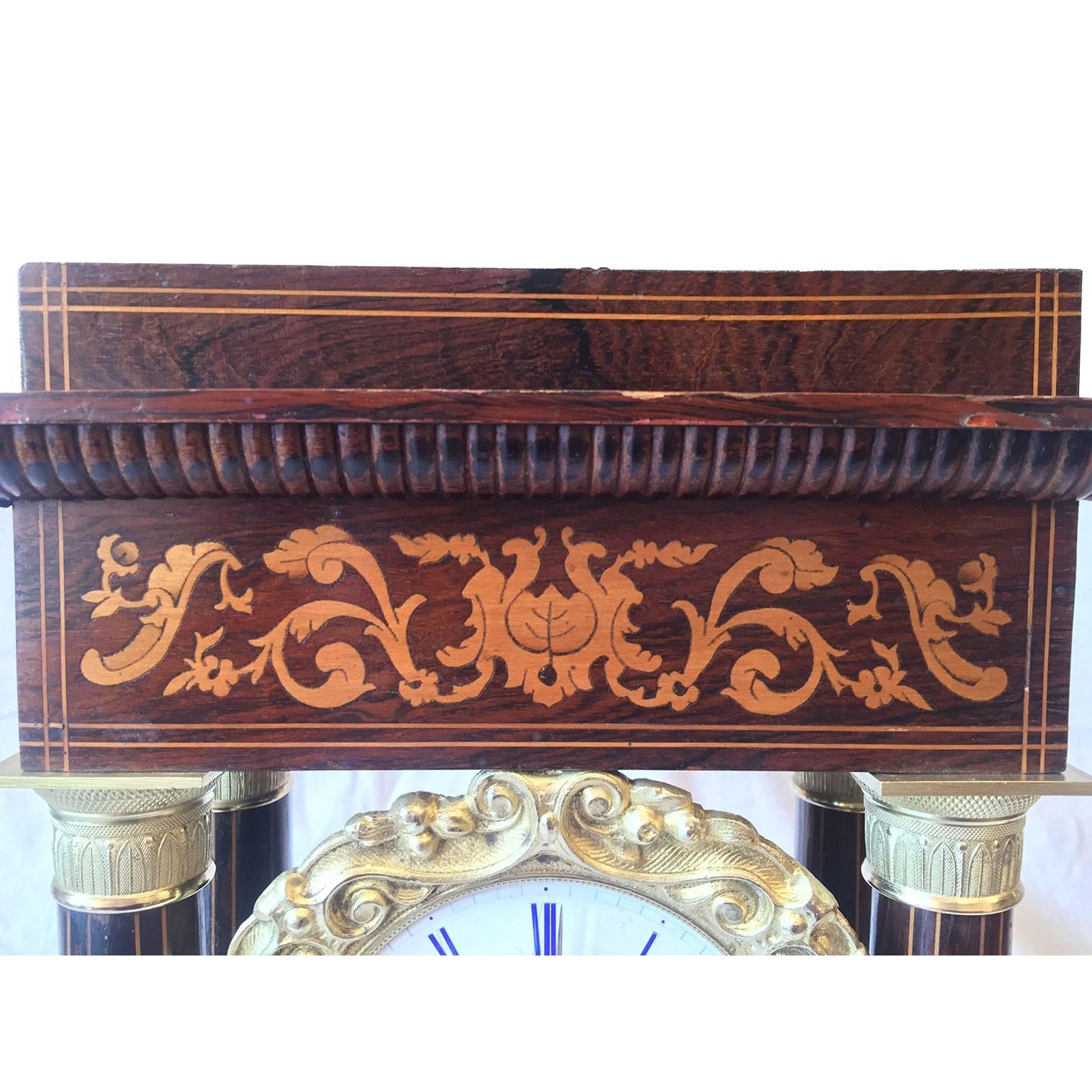 19th Century Napoleon III Inlaid  Walnut and Ormolu Mounted Portico Table Clock 2