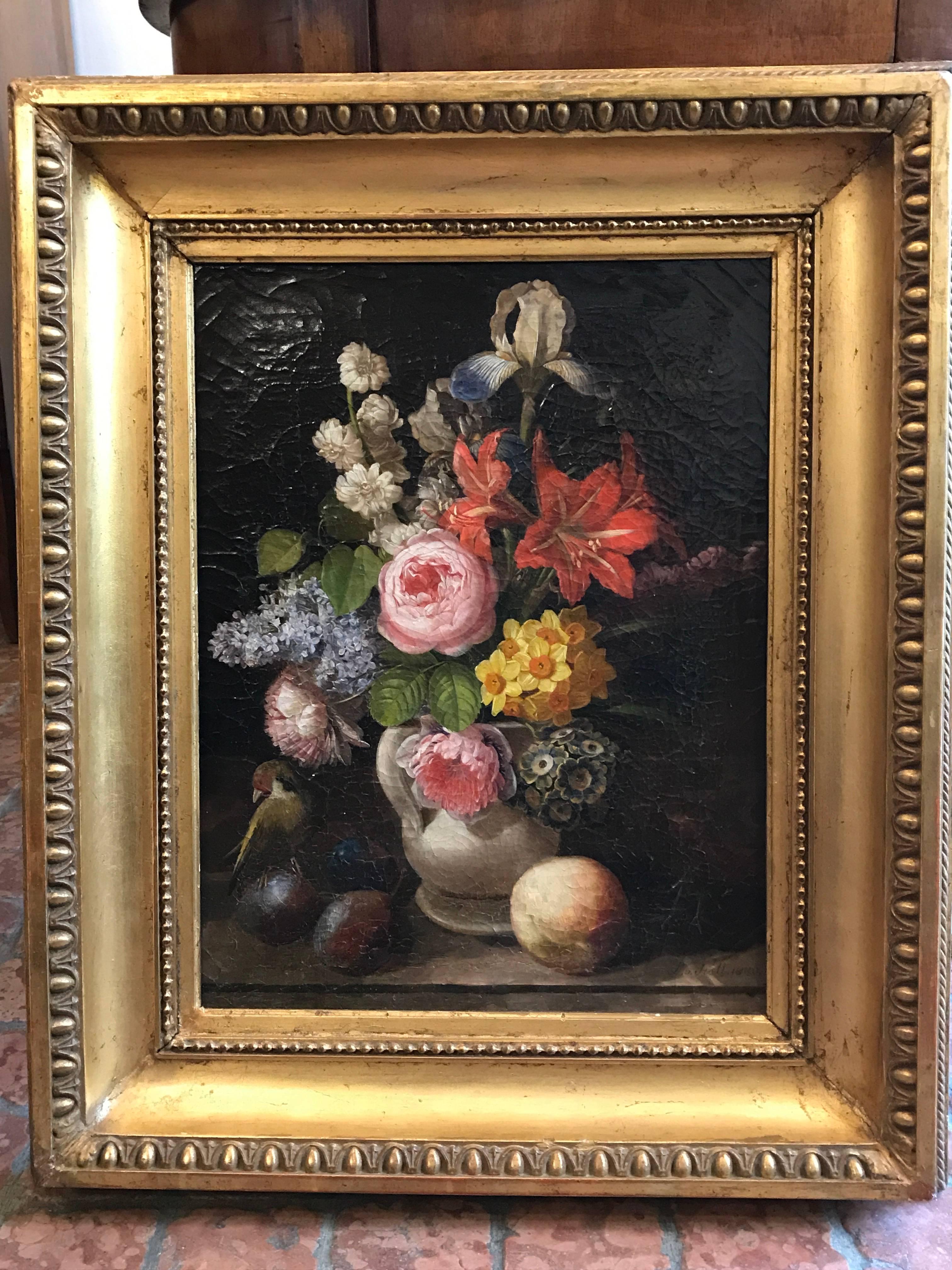 19th Century Austrian Still Life of Flowers Fruits and Birds Signed Leopold Von Stoll 1840s