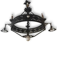 Large Antique Gothic Revival Wrought Iron Nine-Light Circular Chandelier