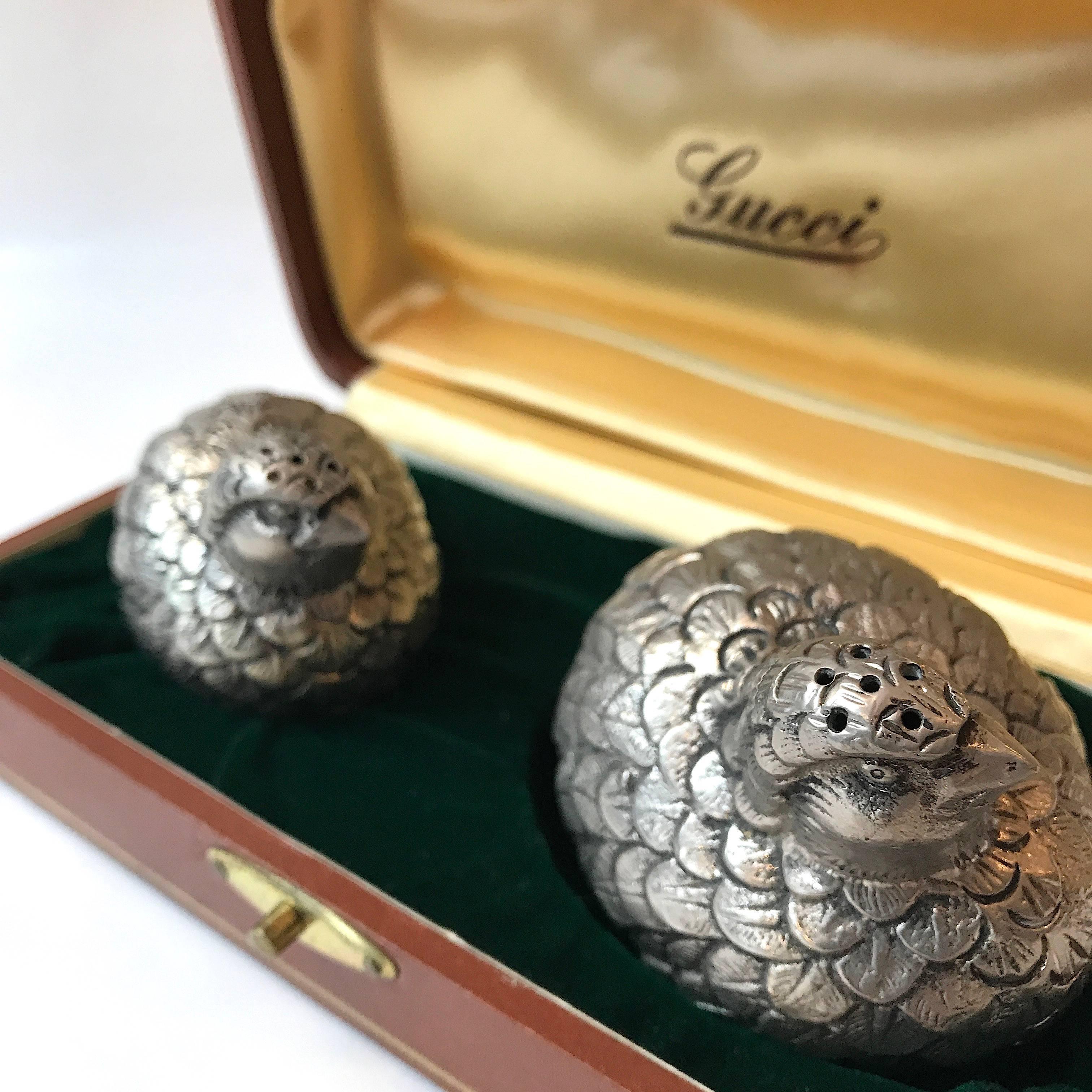Italian Gucci Vintage Salt and Pepper Shakers Gift Box Silver Plated Pewter Quails