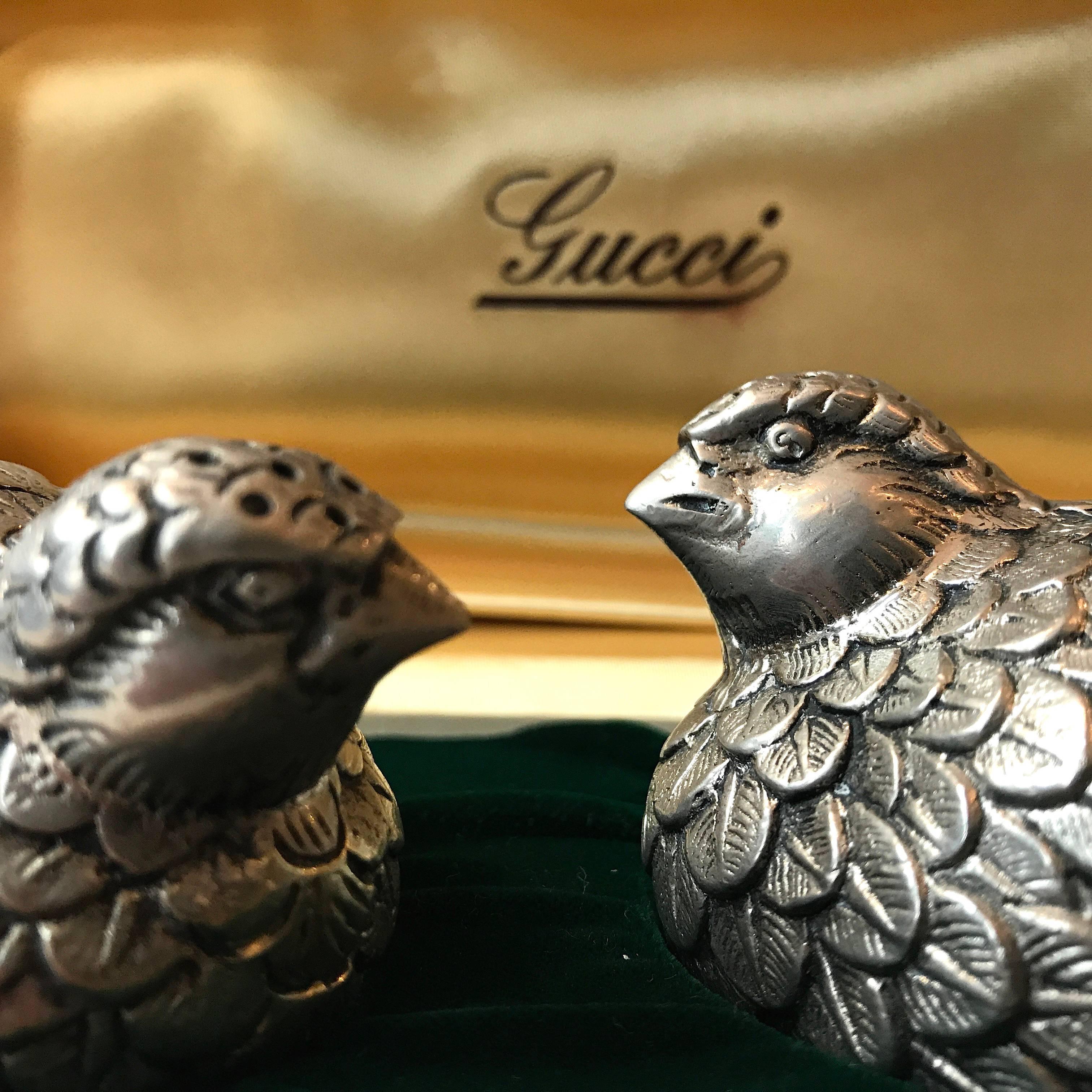 Silvered Gucci Vintage Salt and Pepper Shakers Gift Box Silver Plated Pewter Quails