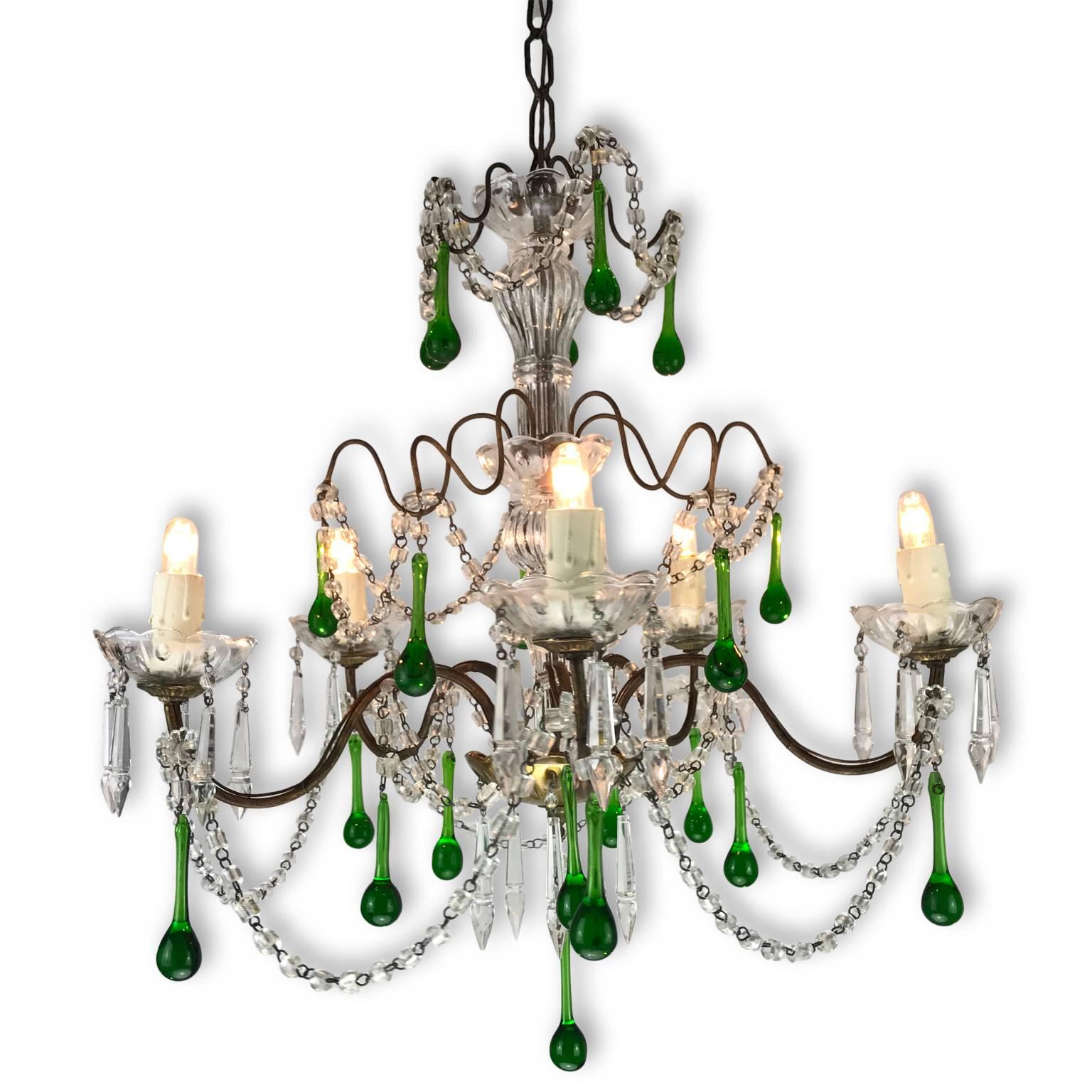 Vintage Italian Five-Light Crystal Chandelier with Green Crystal Drops 1970s 1
