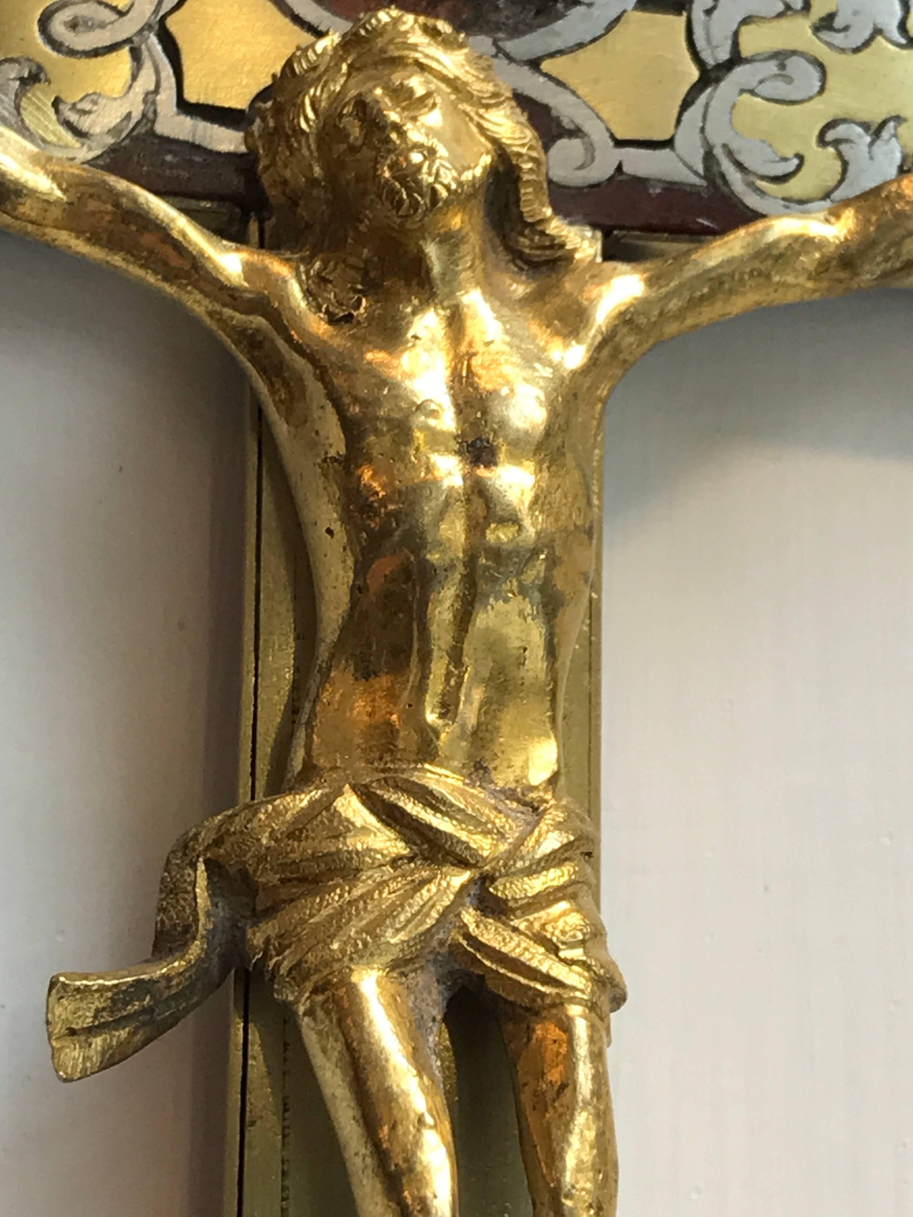 Brass 18th Century Italian Grand Tour Crucifix Gilt Bronze and Boulle Inlaid Cross