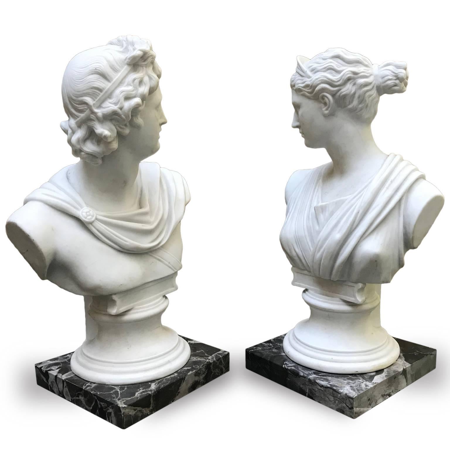 Pair of White Biscuit Porcelain Busts of Apollo Belvedere and Diana from Italy 2