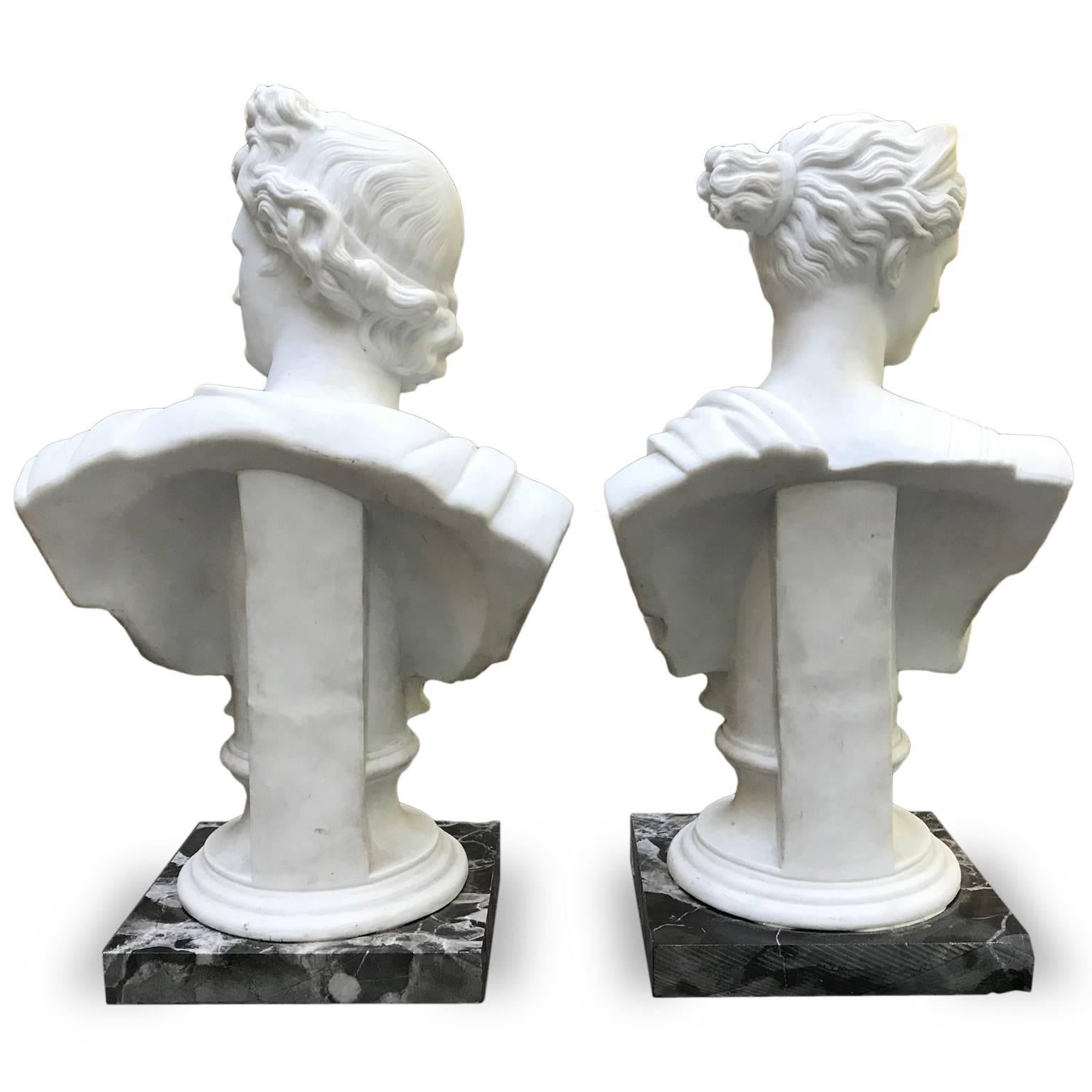 Pair of White Biscuit Porcelain Busts of Apollo Belvedere and Diana from Italy 3