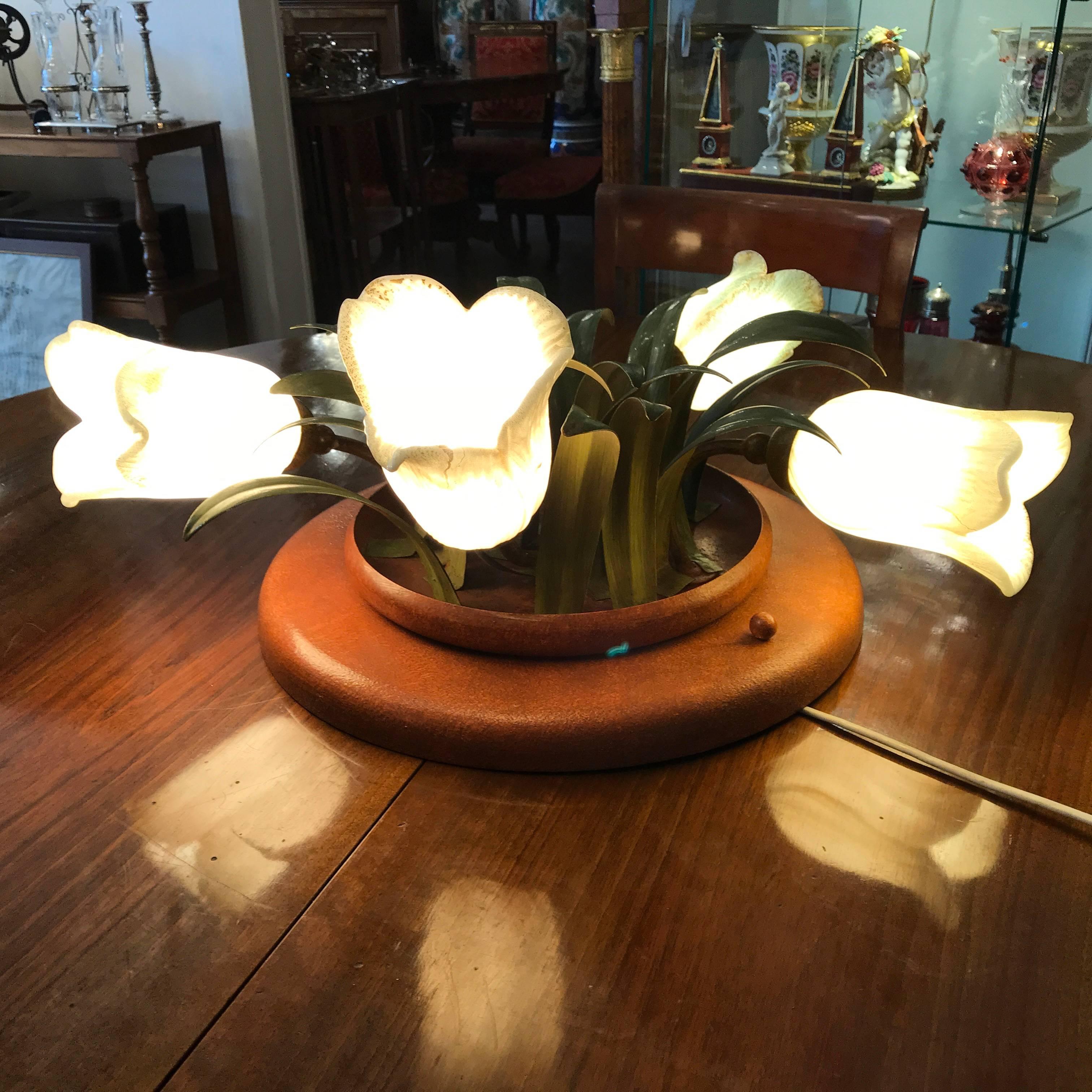 20th Century Italian Circular Ceiling Light by Banci Firenze 1980s Iron Murano Glass Tulips