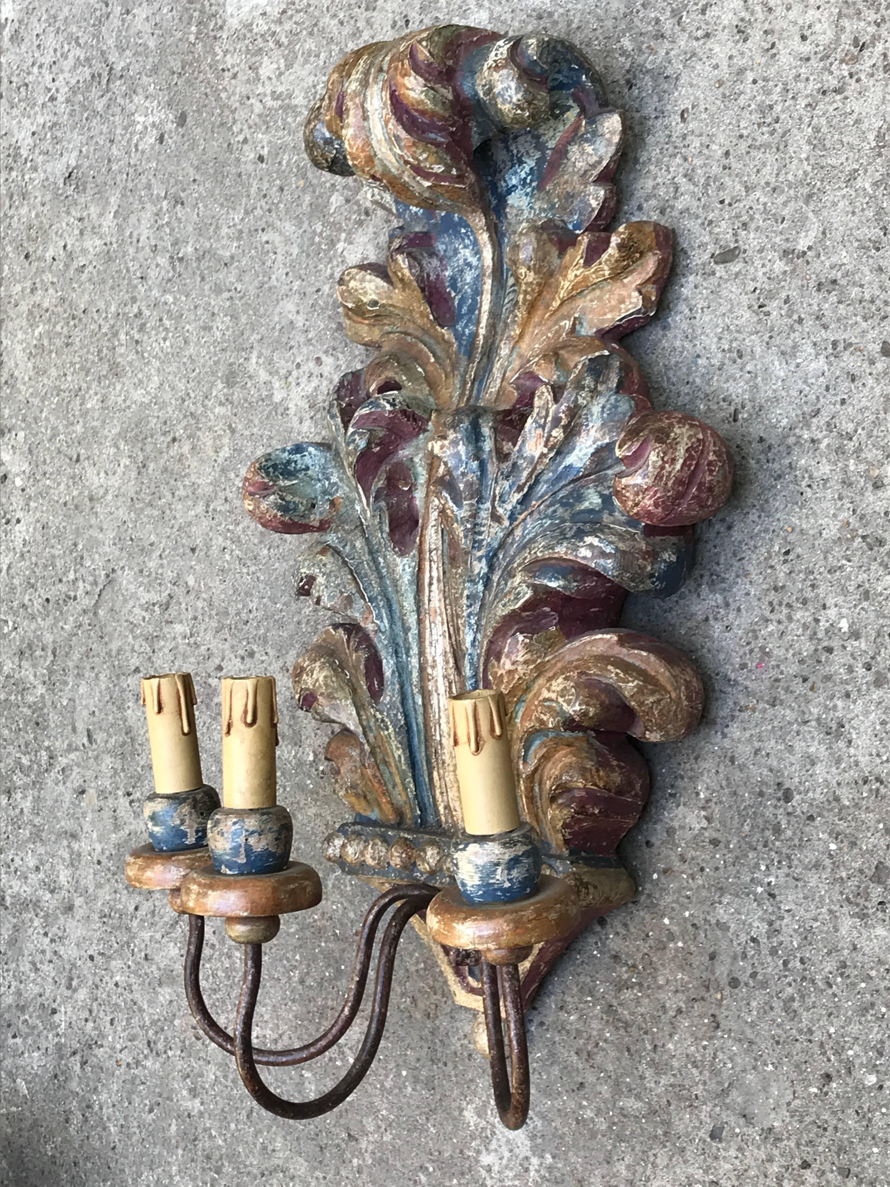 Pair of Italian Sconces 1930s Blue Acanthus Leaf Carved Pine Three-Armed Lights  2