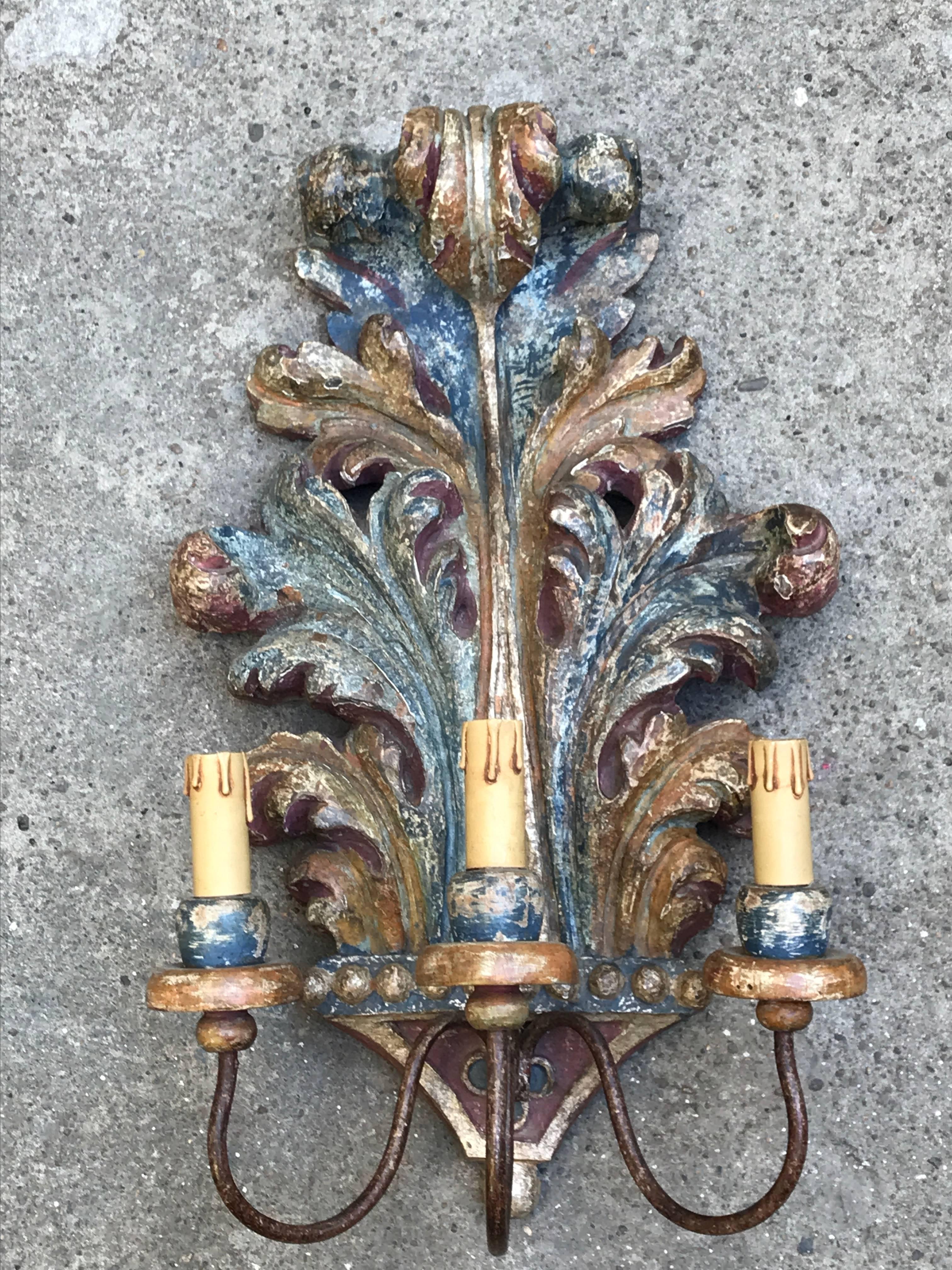 Pair of Italian Sconces 1930s Blue Acanthus Leaf Carved Pine Three-Armed Lights  1