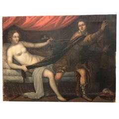 Antique 19th Century Joseph and Potiphar
s Wife Italian Lombard Oil on Canvas Painting