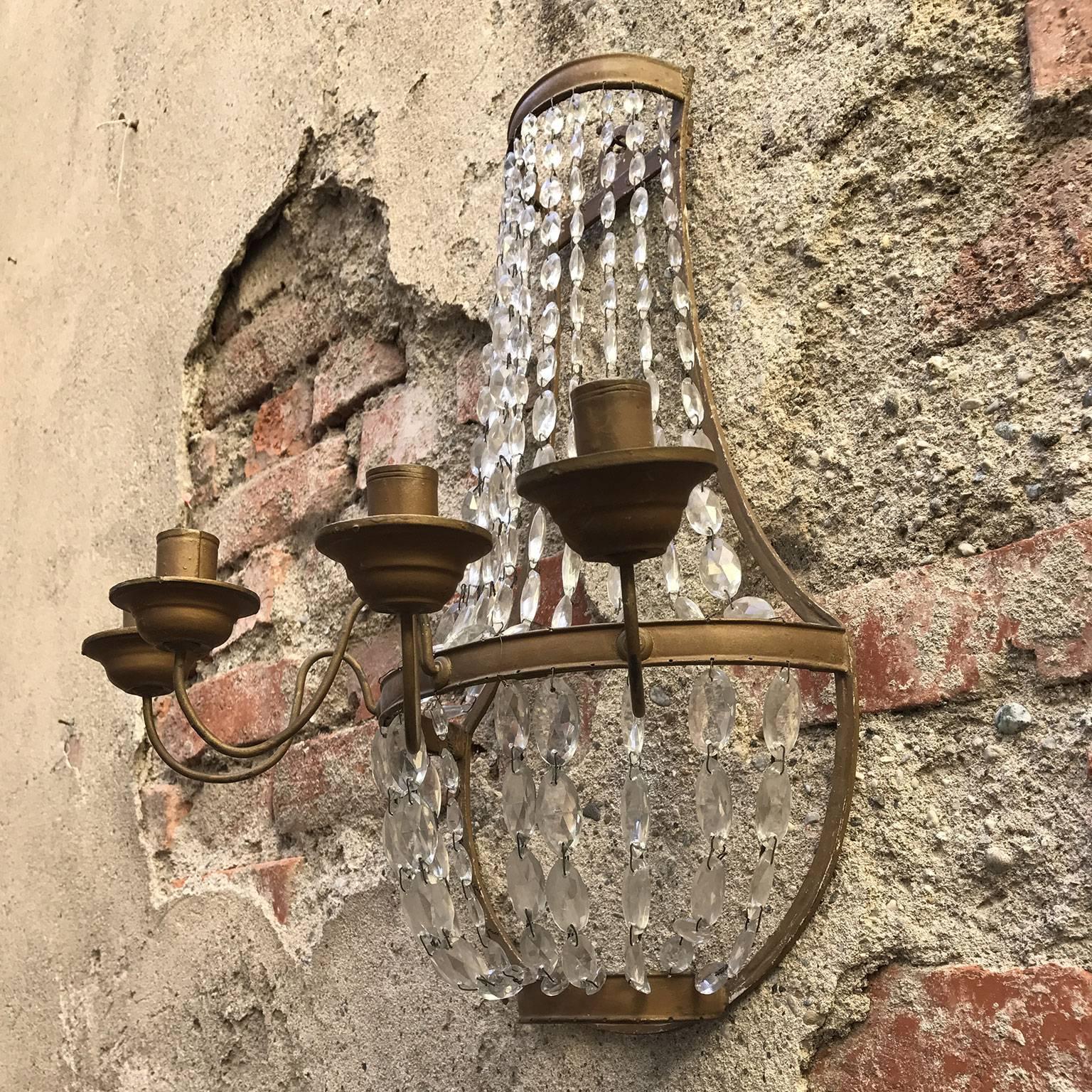 Pair of Italian Empire Sconces Gilt Iron Crystal Basket Wall Lights 19th Century 4