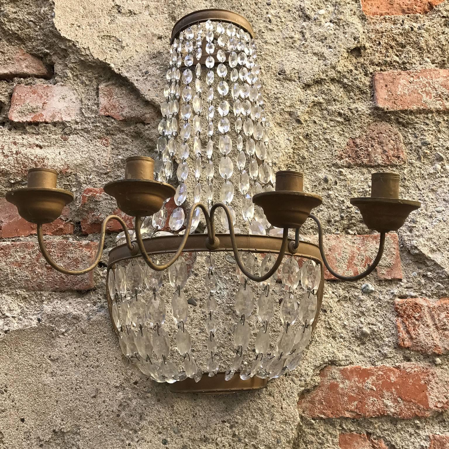 Pair of Italian Empire Sconces Gilt Iron Crystal Basket Wall Lights 19th Century 3