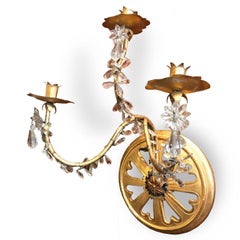 Pair of 19th Century French Carved Gilded Three-Arm Wheel Candelabra Sconces
