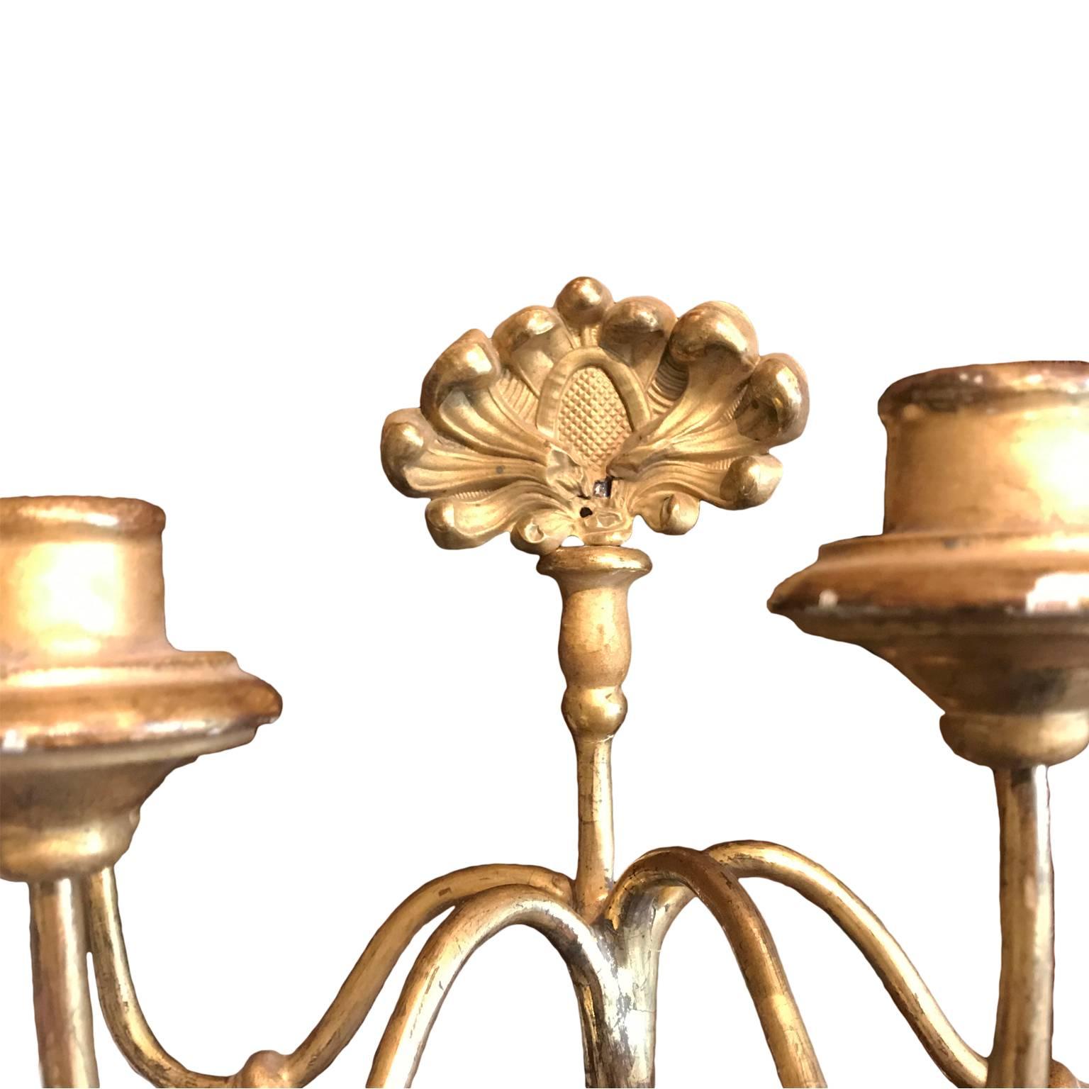 Carved Pair of 19th Century Italian Gilded Iron Four-Arm Candelabra Sconces