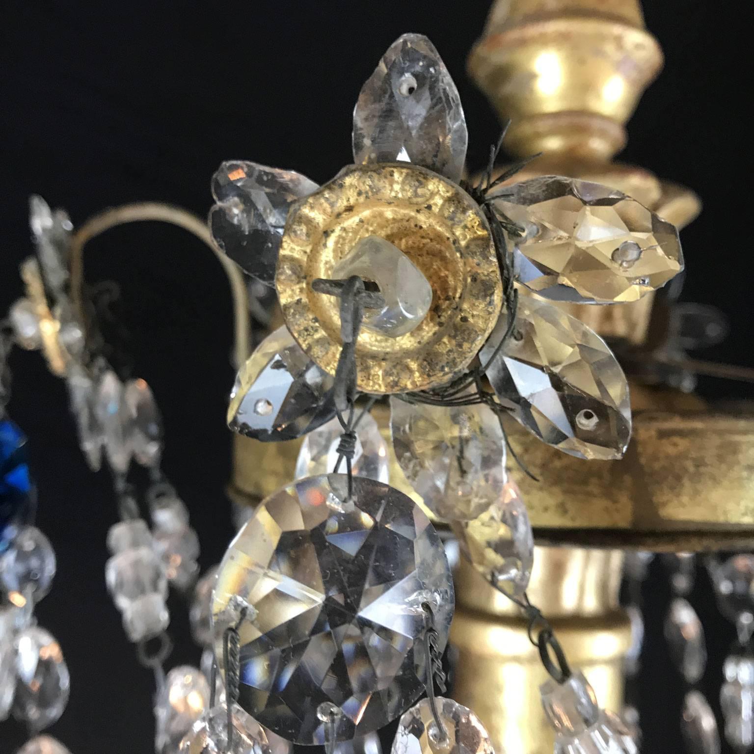18th Century Italian Chandelier Genoese Empire Giltwood Crystal Pendant In Good Condition In Milan, IT