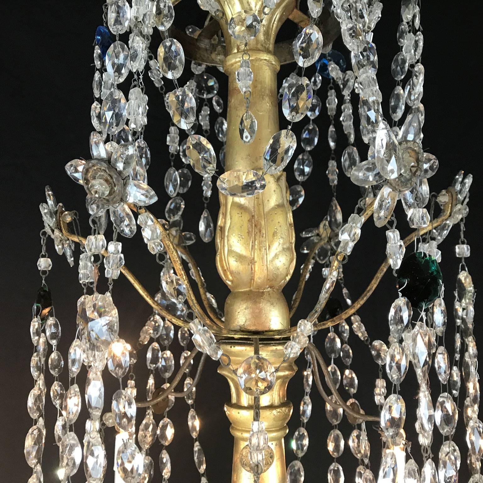 Embossed 18th Century Italian Chandelier Genoese Empire Giltwood Crystal Pendant