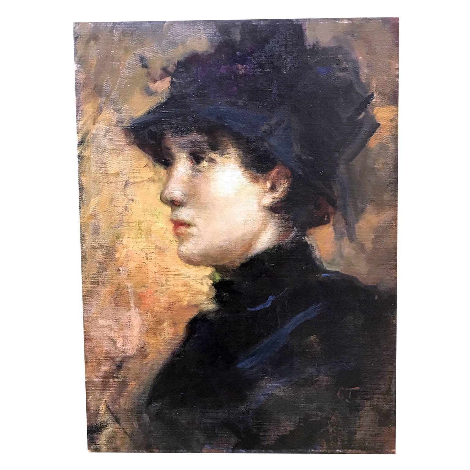 An oil on canvas painting by the Italian painter Cesare Tallone, Savona, 1853-Milano 1919, depicting a profile portrait of a lady with hat, 1880 circa, signed lower right with C.T. the artist monogram.

This work is cataloged as nr. 28 in the