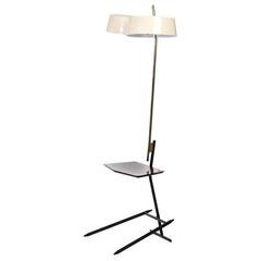 Brass and Lacquered Metal Floor Lamp with Wooden Magazine Shelf 4