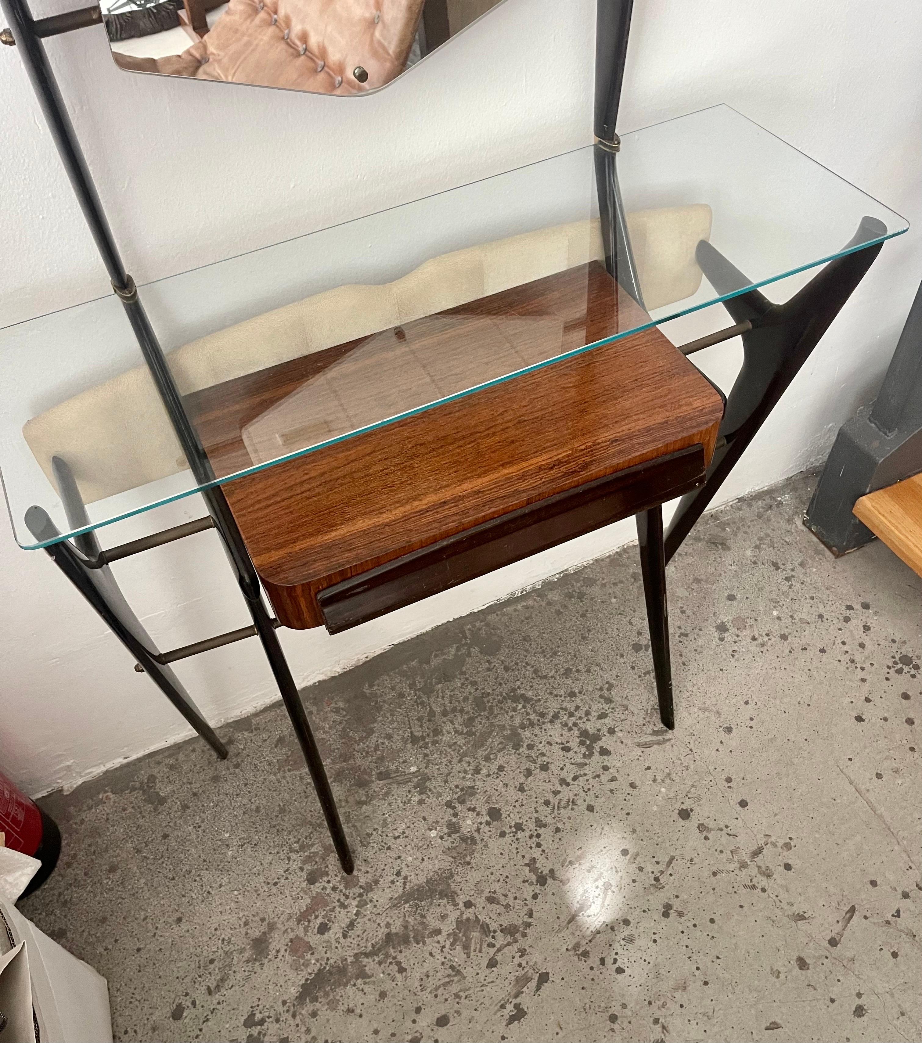Italian Lacquered Wood Vanity Table with Glass Table and Mirror For Sale