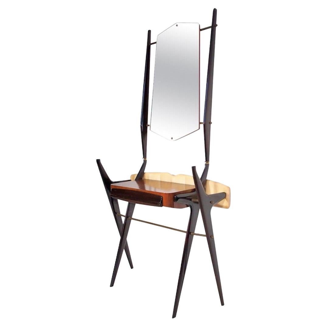 Lacquered Wood Vanity Table with Glass Table and Mirror For Sale