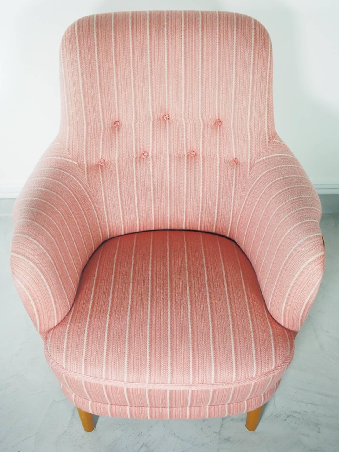 Samsas armchair designed by Carl Malmsten and produced by O.H. Sjörgen in Sweden in the 1960s. Professionally cleaned original pink and white striped wool upholstery. Stained beech legs. Matching three-seat sofa also available.