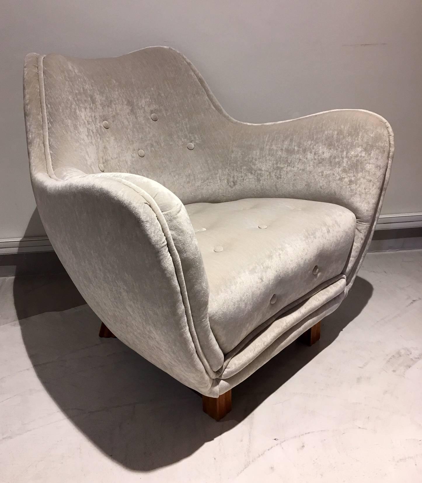 Gorgeous armchair by Levy Carlssons Mobelafarr from the 1940s. Newly upholstered in shiny light beige/grey velvet. Legs made of stained beech. Sofa in set available.