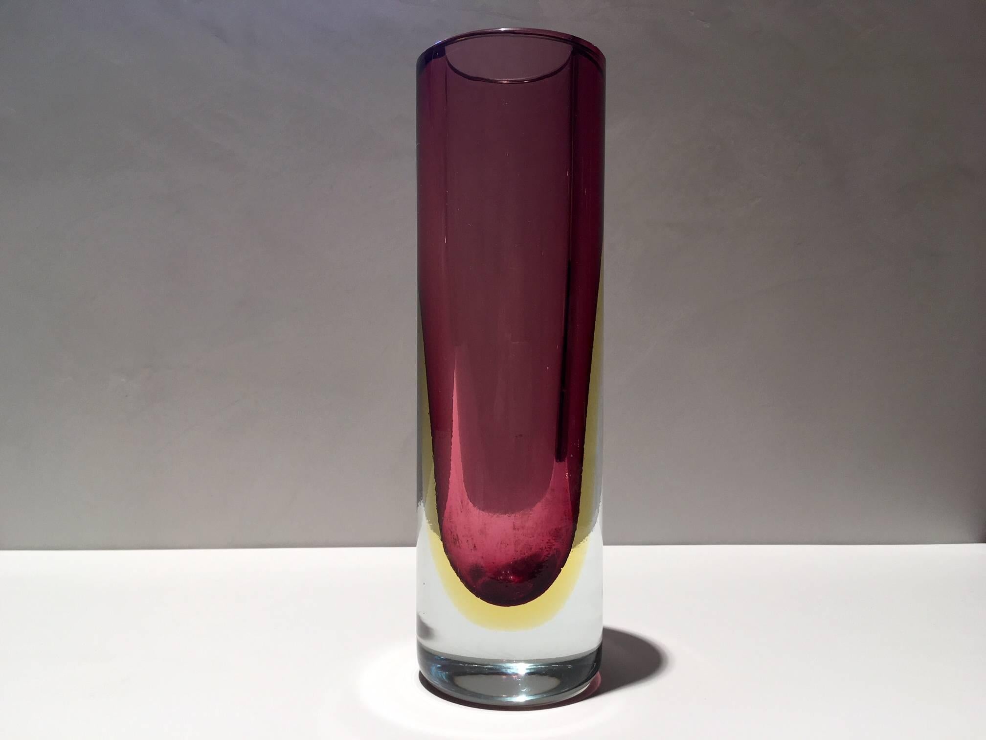 Gorgeous mid-20th century Italian Murano glass vase attributed to Flavio Poli. Stunning color combination of pink and yellow using Sommerso technique.
