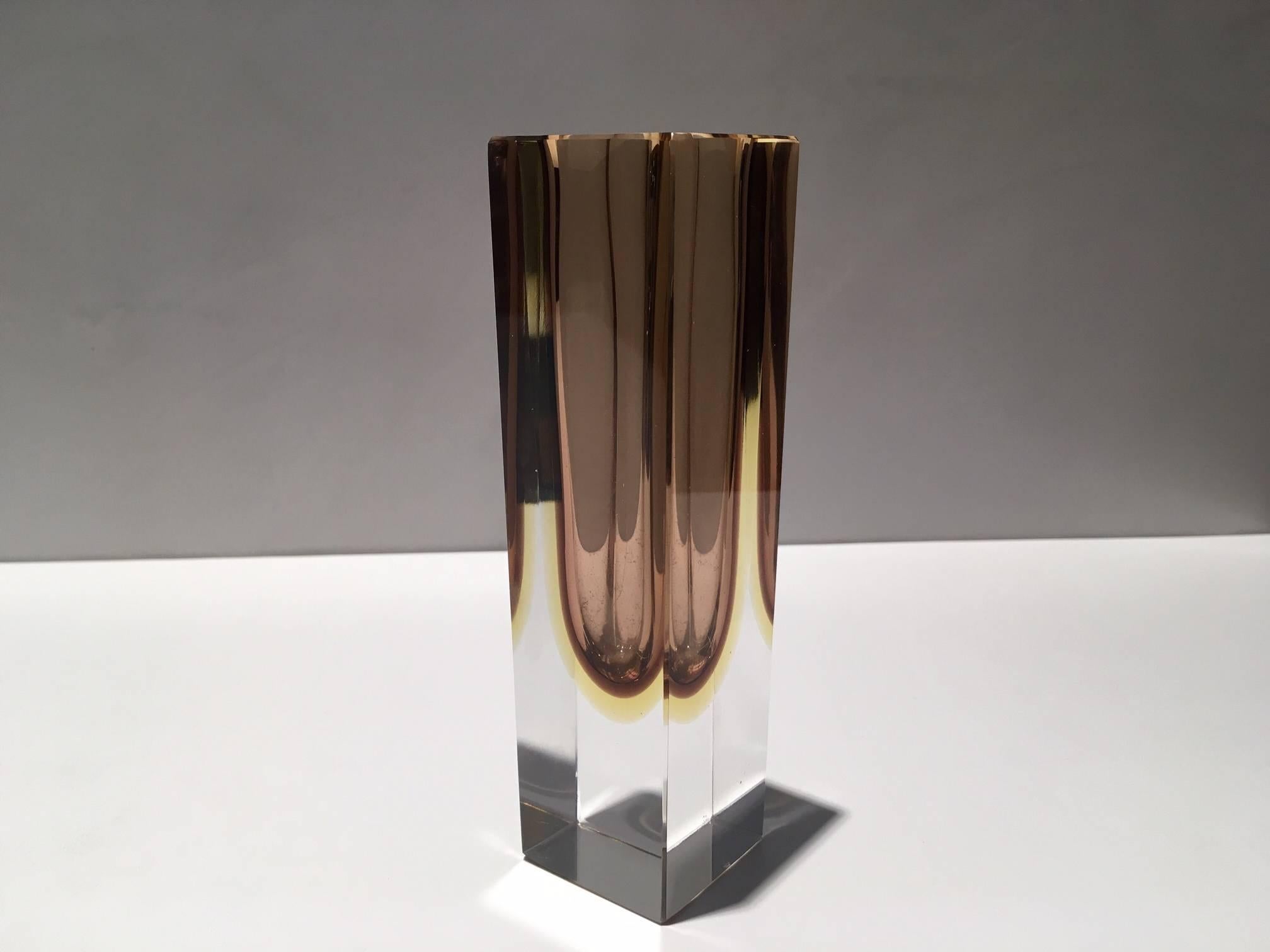 Beautiful small Italian Murano glass vase attributed to Flavio Poli. Rectangular faceted sides and a gorgeous color combination of champagne pink and yellow.