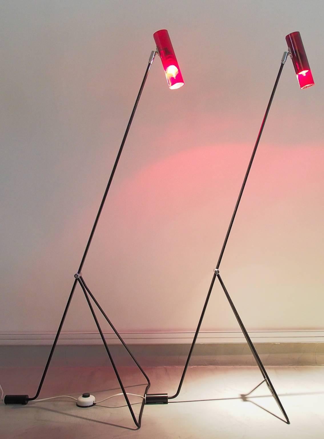 Swedish Midcentury Steel Frame Red Perspex Floor Lamps Attributed to Alf Svensson