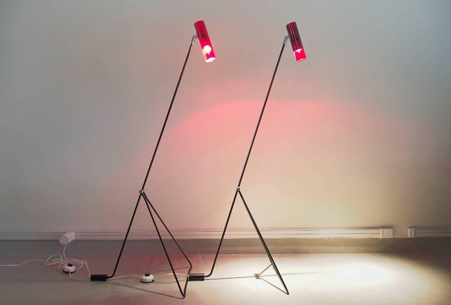 Midcentury Steel Frame Red Perspex Floor Lamps Attributed to Alf Svensson In Good Condition In Madrid, ES