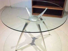 Tall Round Glass Table on Matte Polished Steel Sloping Legs