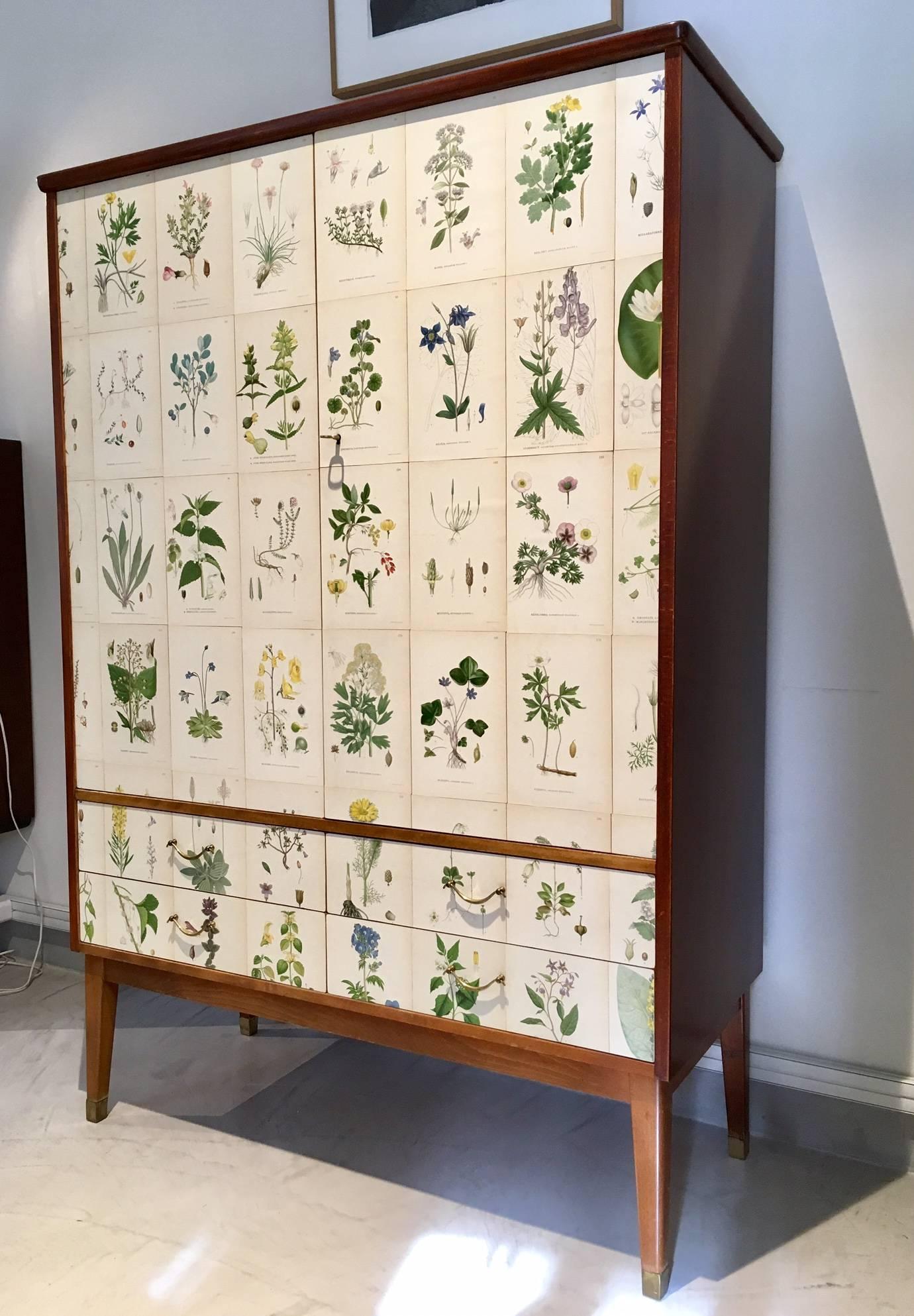 Scandinavian Modern Tall Wooden Cabinet with Nordens Flora Illustrations by C.A. Lindman