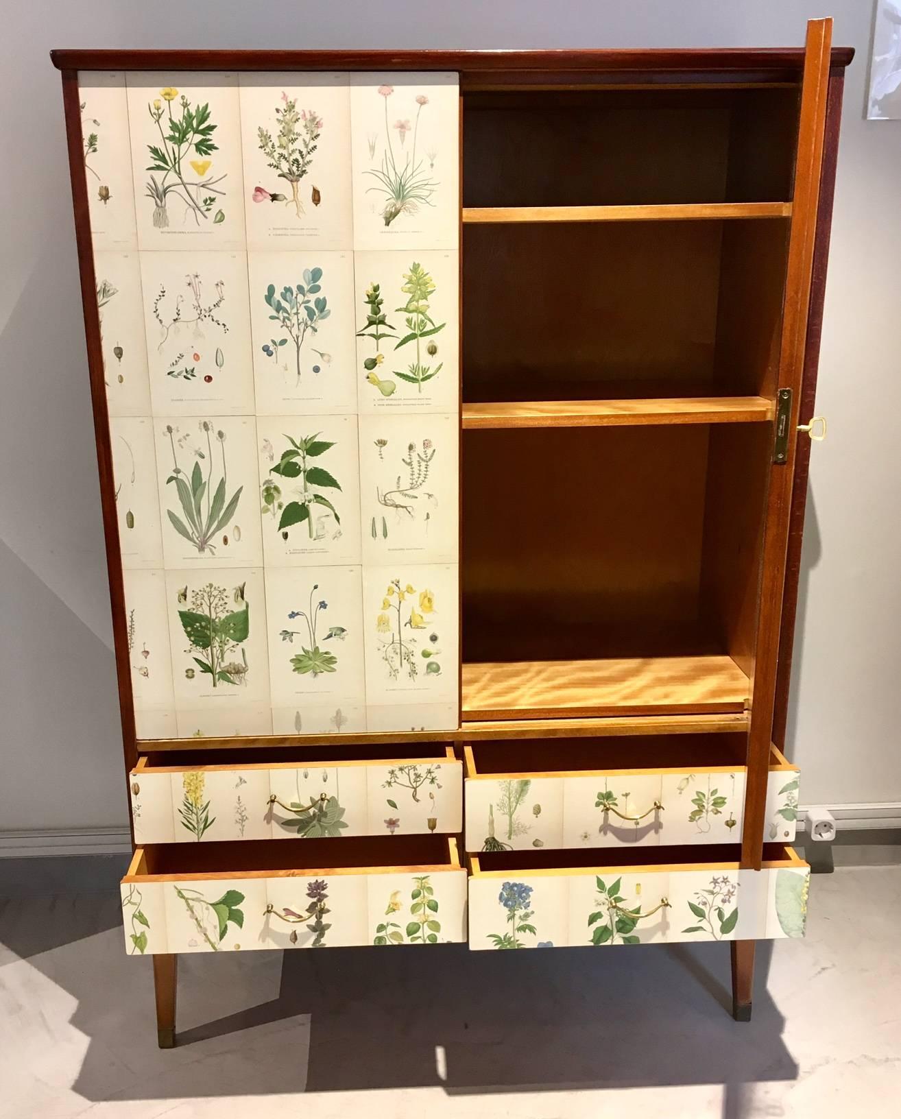 Tall Wooden Cabinet with Nordens Flora Illustrations by C.A. Lindman 2