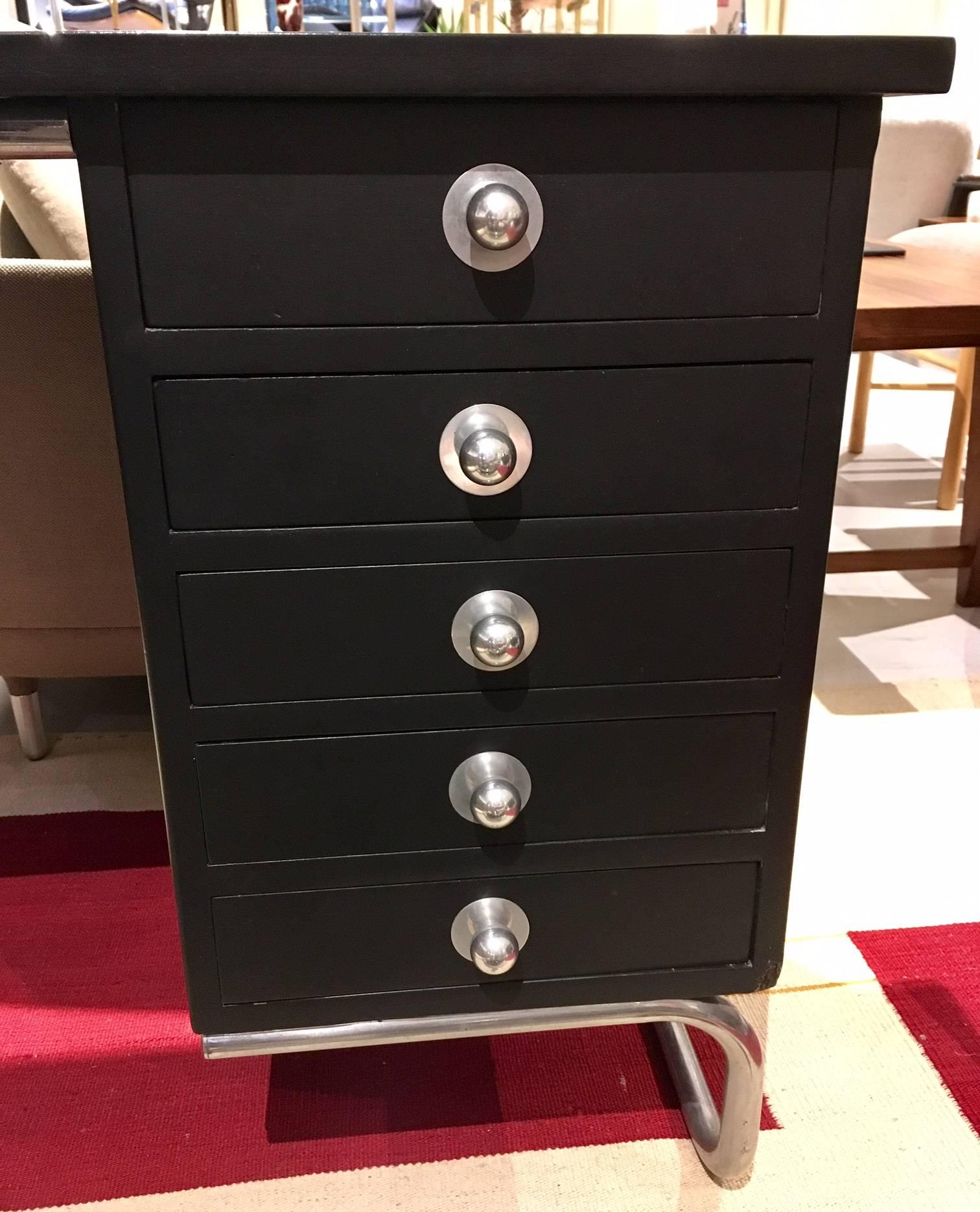 European Black Lacquered Wood Desk with Tubular Steel Frame, circa 1935