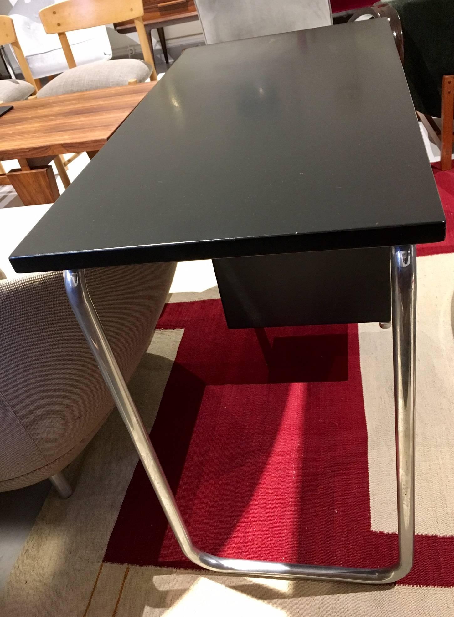 20th Century Black Lacquered Wood Desk with Tubular Steel Frame, circa 1935
