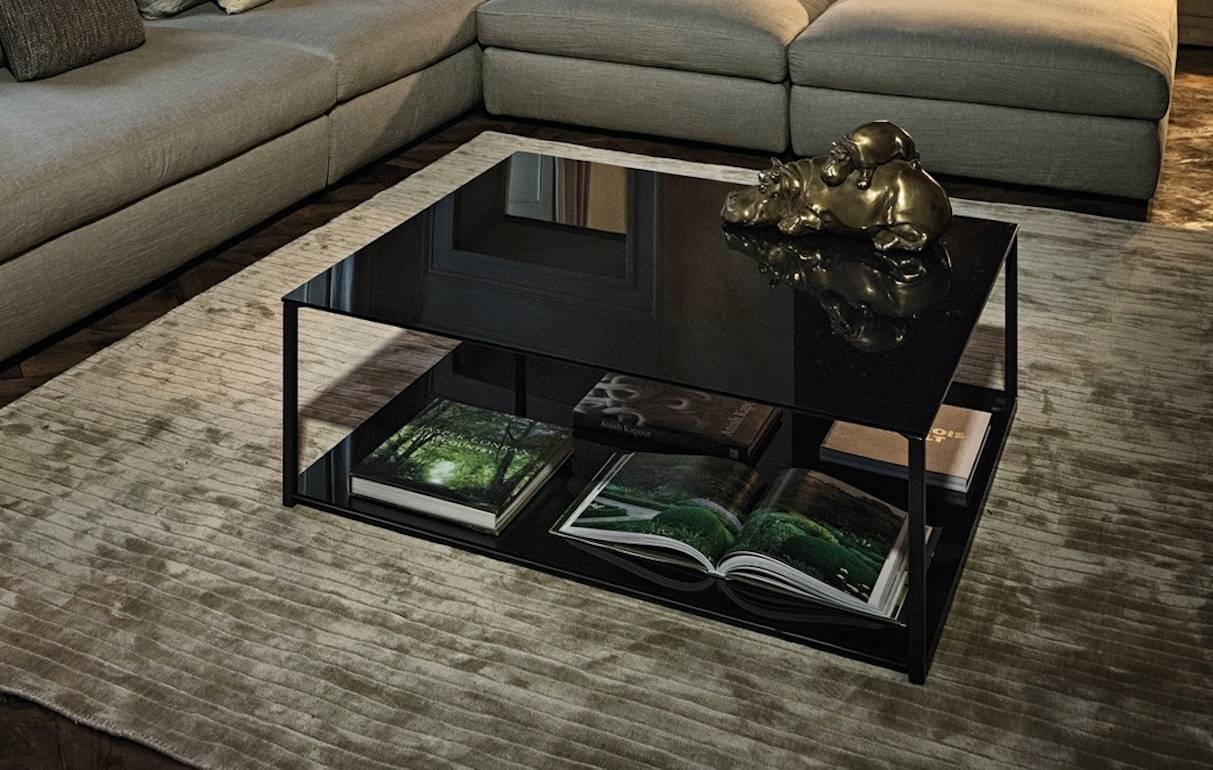 Modern Contemporary Rectangular Coffee Table with Metal Frame and Smoked Glass Top