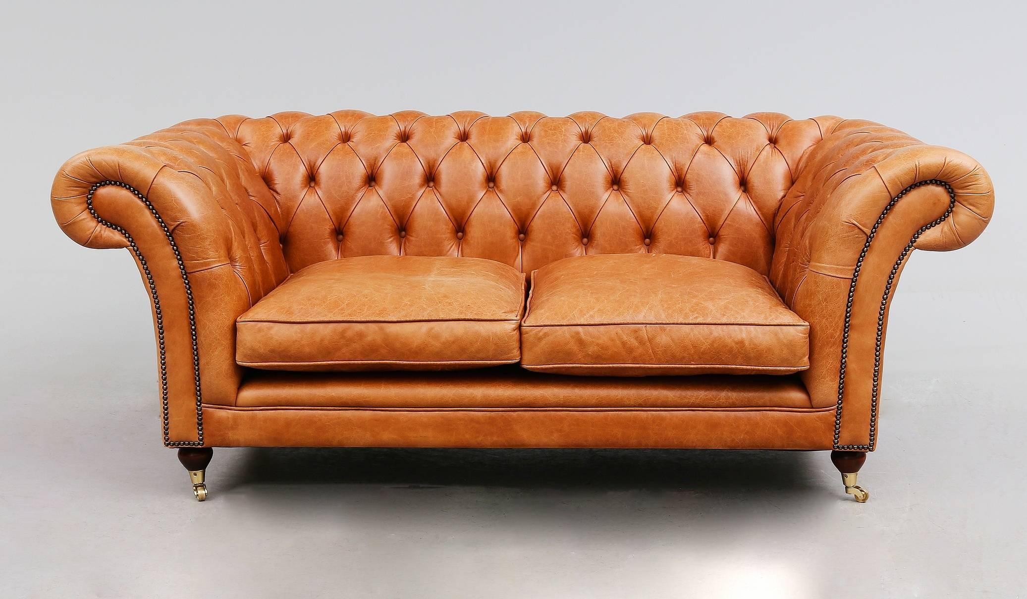 European Light Brown Leather Chesterfield Sofa