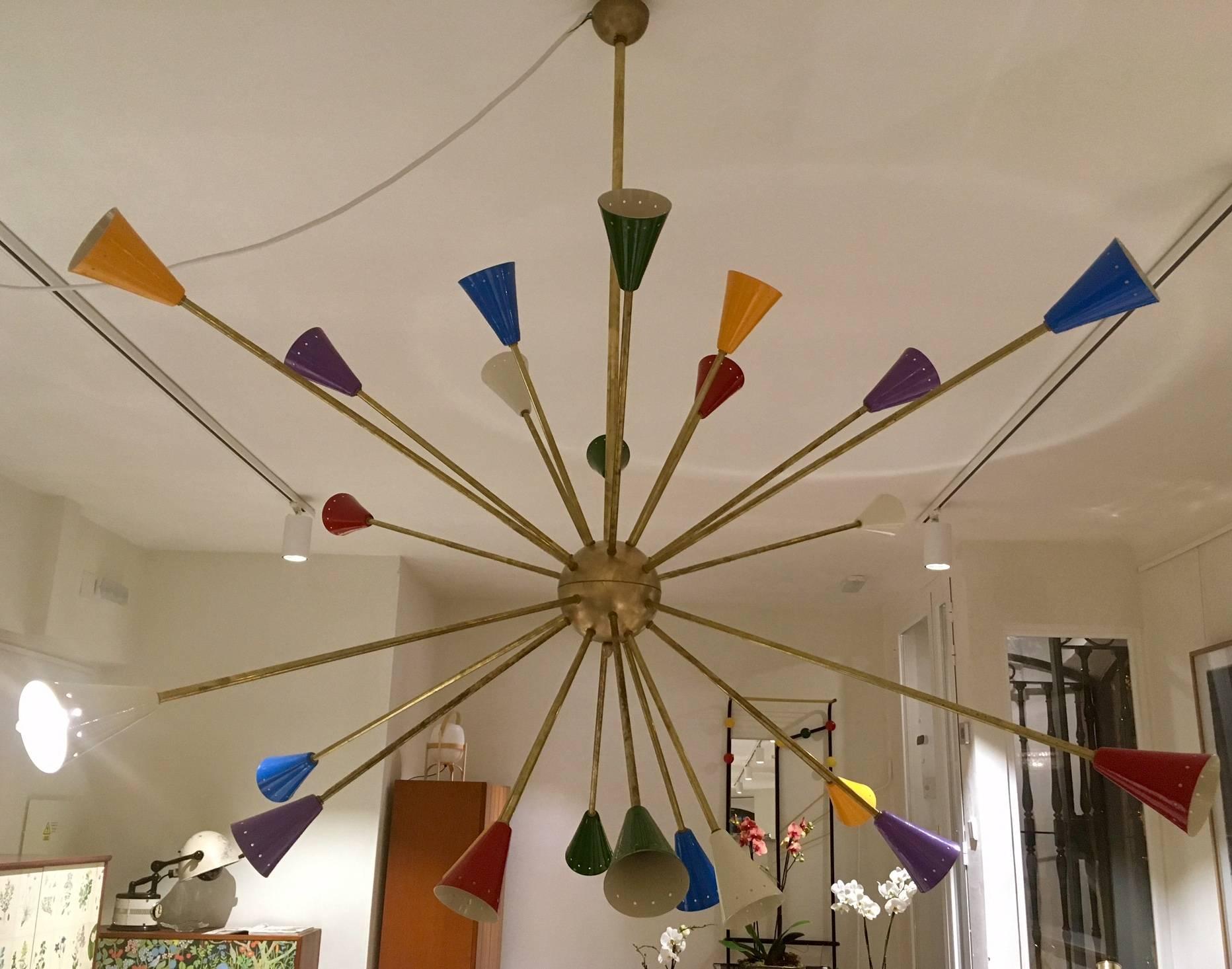 Mid-Century Modern Large Sputnik Chandelier with 24 Colorful Lights in the Style of Stilnovo