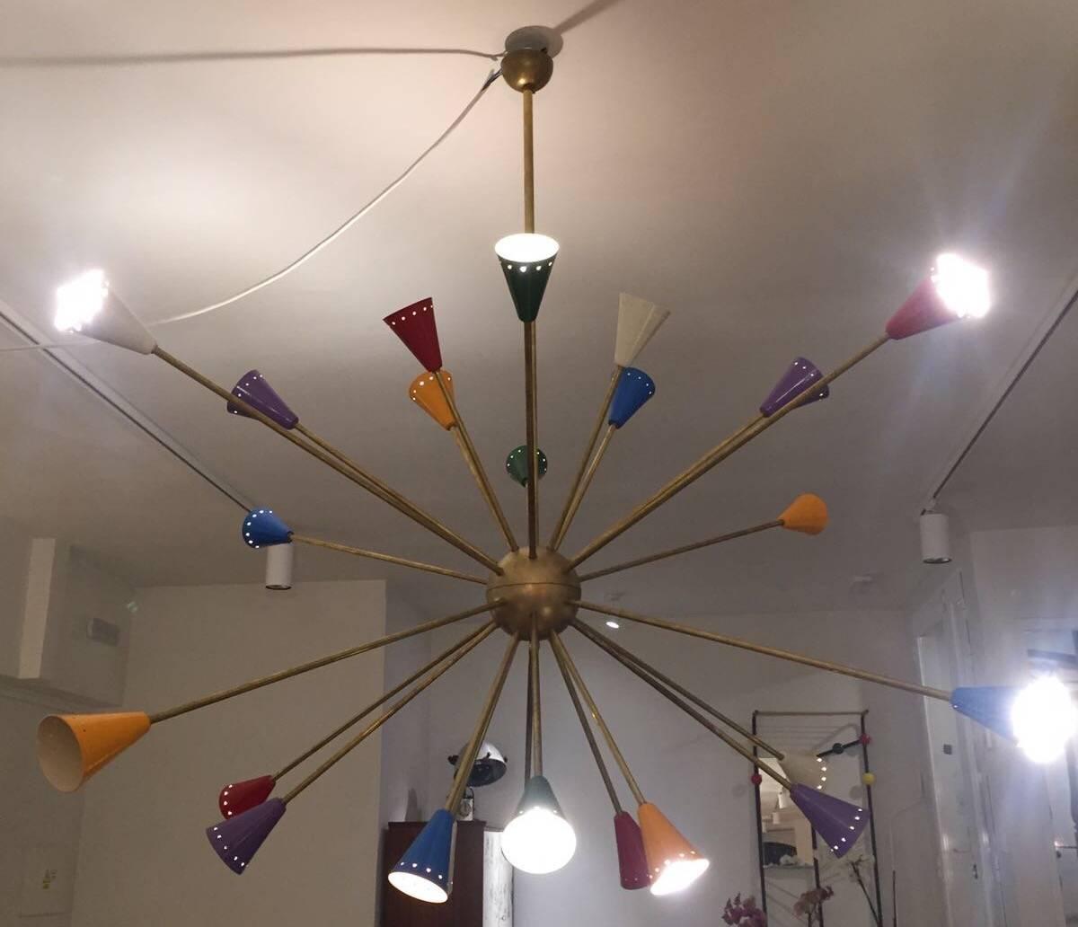 Large Sputnik Chandelier with 24 Colorful Lights in the Style of Stilnovo 1