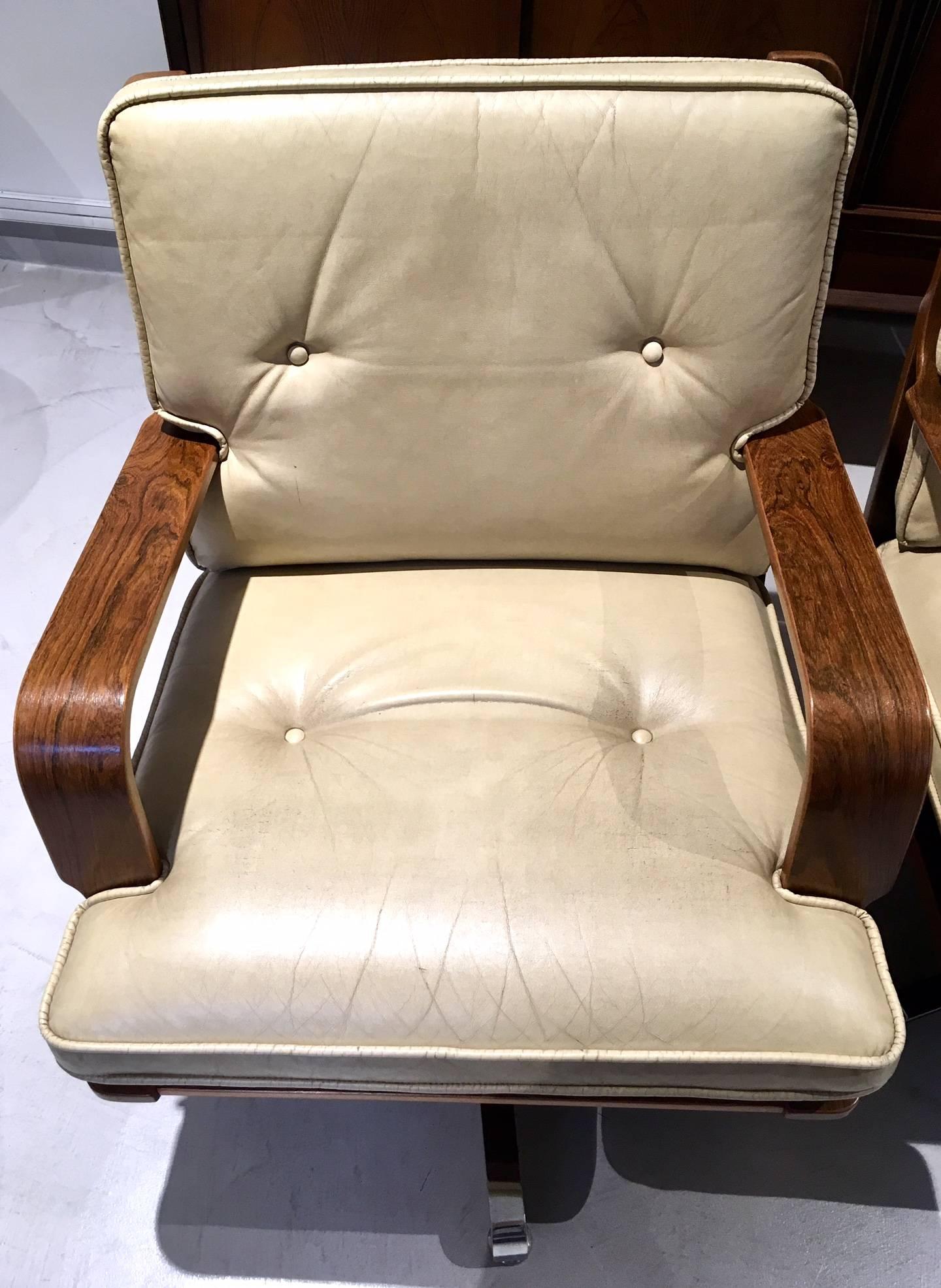 Spanish Pair of Cream-Colored Leather Swivel Armchairs with Wooden Frame