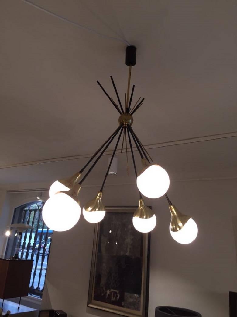 Brass Stilnovo Ceiling Light with Six Opal Glass Shades In Good Condition In Madrid, ES