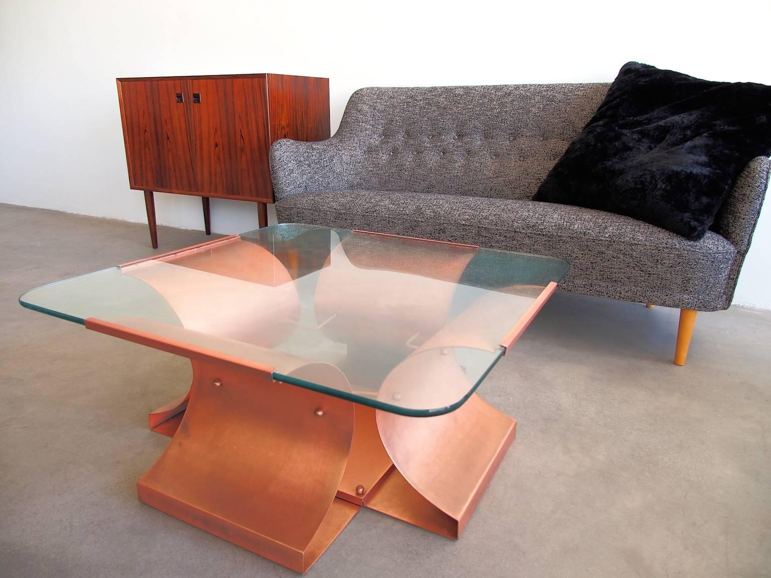 Steel Aged Copper and Glass Coffee Table by Francois Monnet