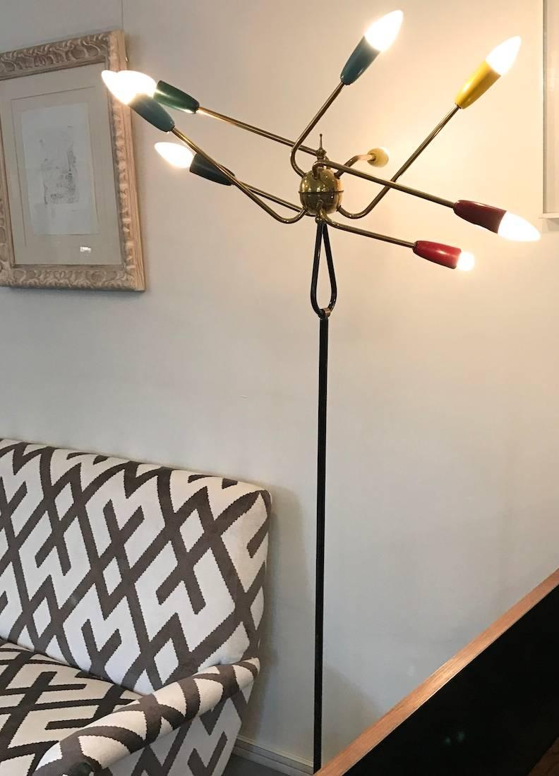 Italian Stilnovo Style Brass and Varnished Metal Floor Lamp 1