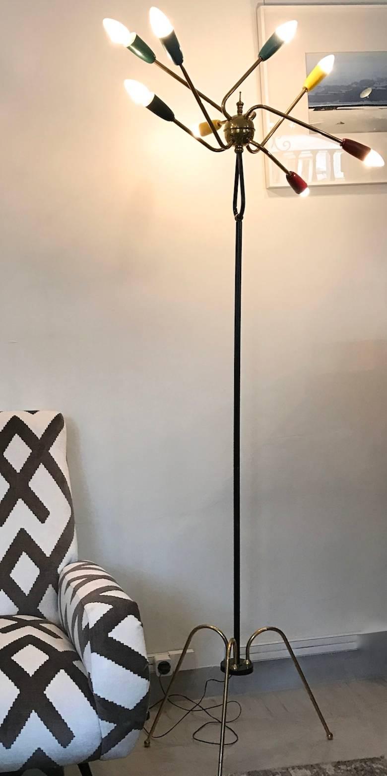 Italian Stilnovo Style Brass and Varnished Metal Floor Lamp 3