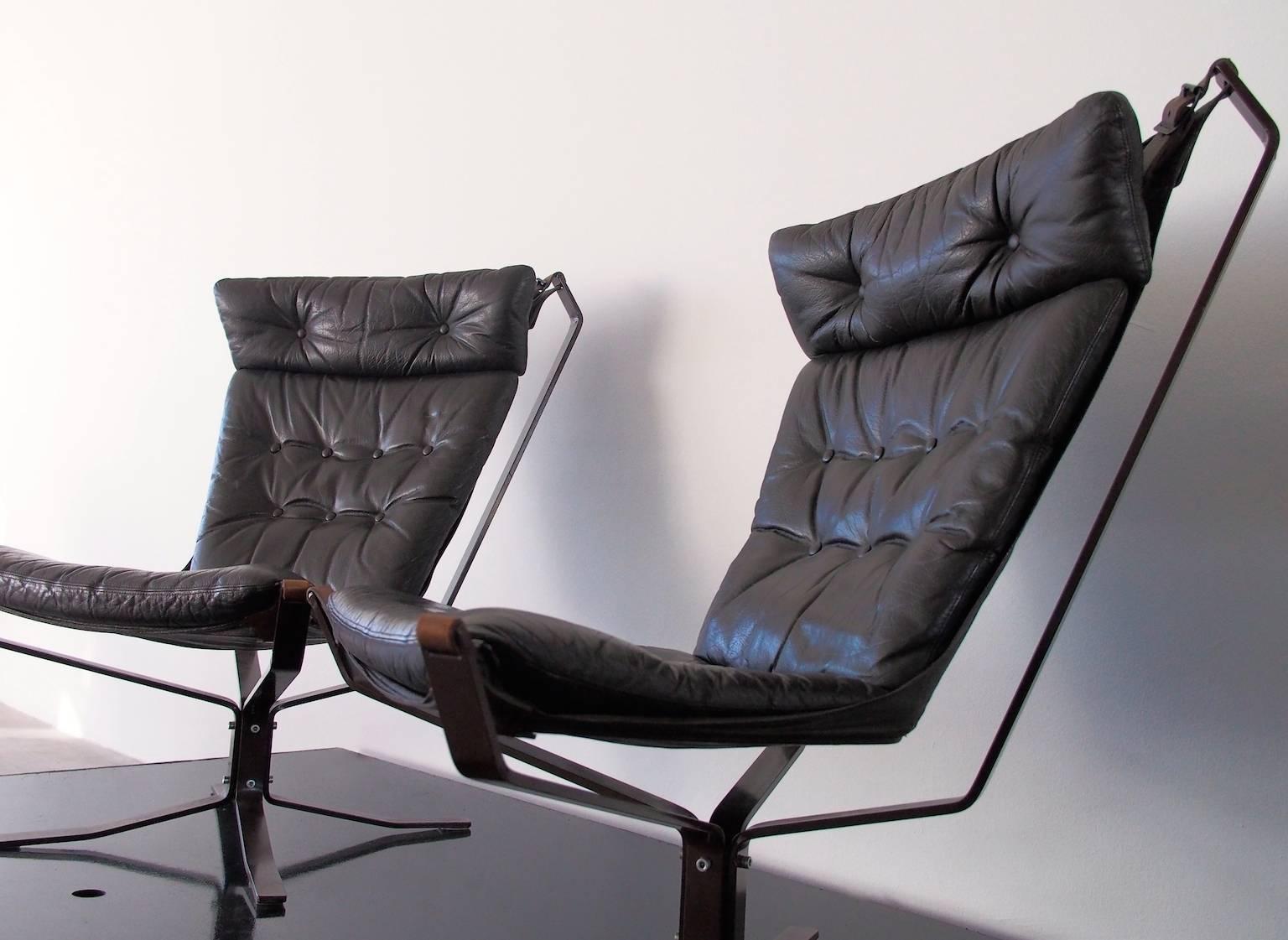 Norwegian Pair of Sigurd Ressel Leather and Steel Falcon Chairs